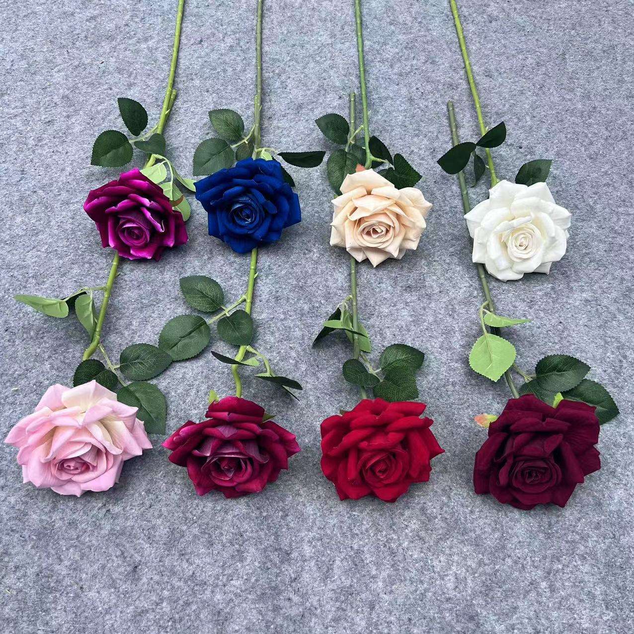 仿真花仿真玫瑰 单支弯杆绒布玫瑰婚礼家居花墙装饰批发 