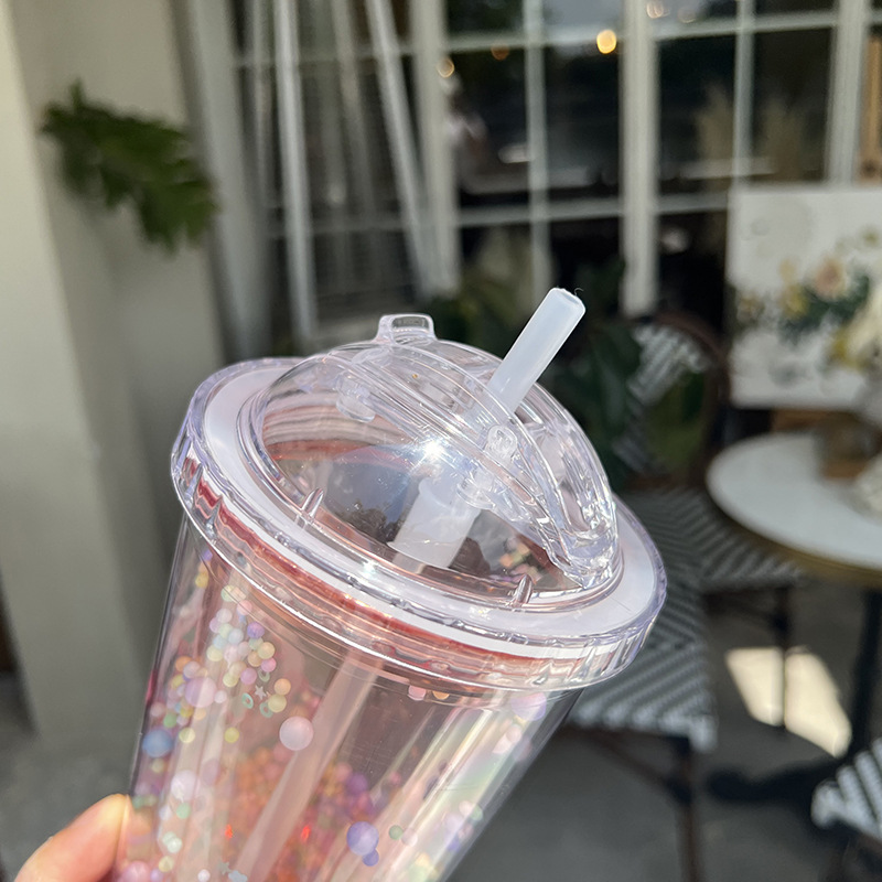 Z37-8046 Colorful Simple Sequin Double-layer transparent Plastic Cup, Advertising event Gift cup, lid-pushing straw cup, Summer detail image 8