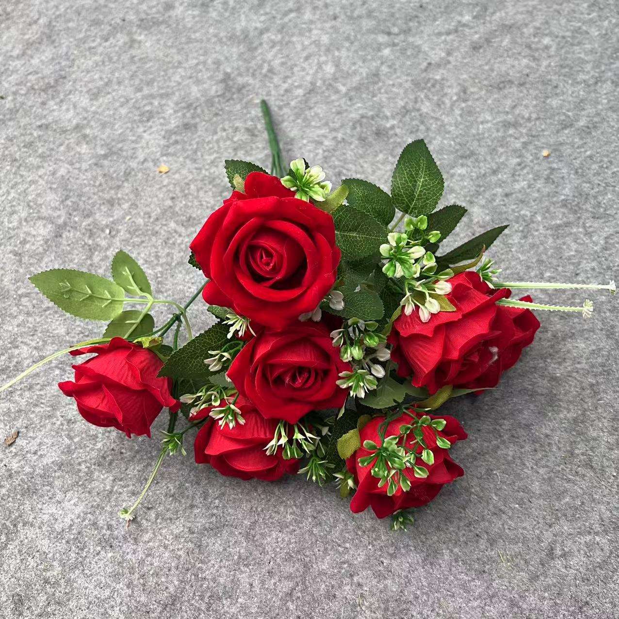 仿真花仿真玫瑰7头绒布角玫假花婚礼家居装饰布置花束摆件批发白底实物图