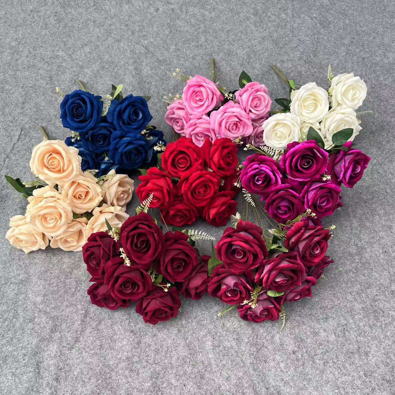 仿真玫瑰仿真花束7头绒布圆玫瑰仿真花婚礼家居红玫瑰花批发 