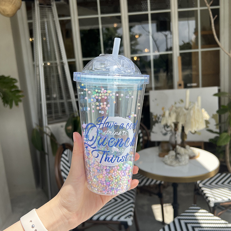 Z37-8046 Colorful Simple Sequin Double-layer transparent Plastic Cup, Advertising event Gift cup, lid-pushing straw cup, Summer detail image 3