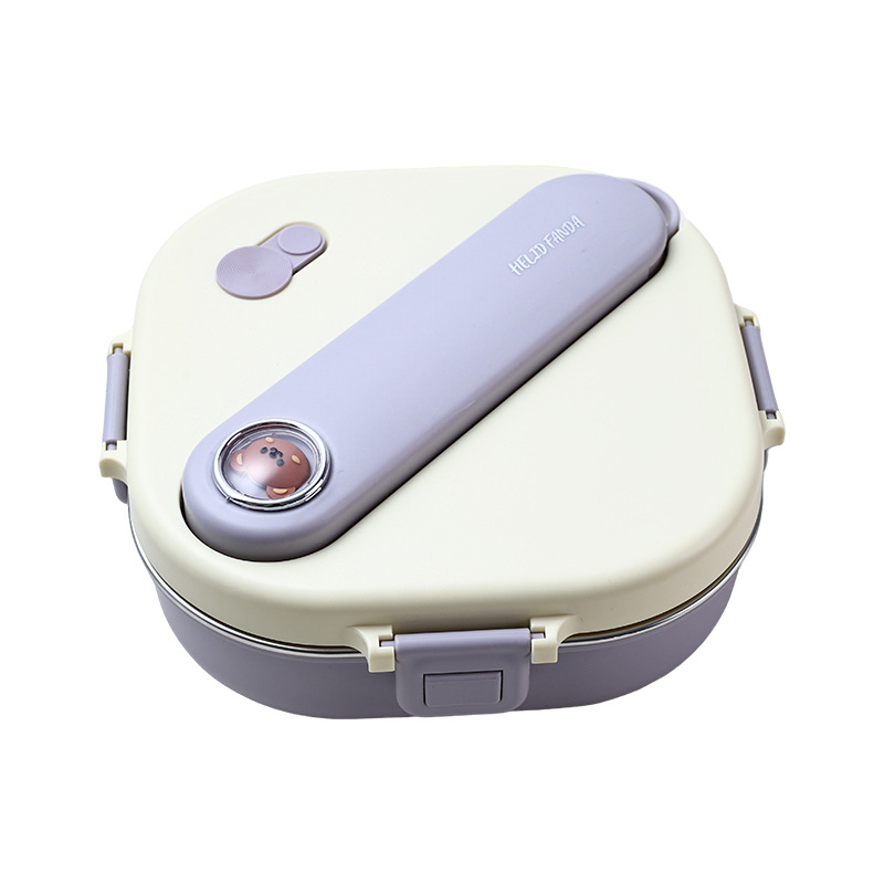 葡萄紫赫赫熊 304 不锈钢三格饭盒 含勺筷 带手机支架 学生上班族便当盒详情2