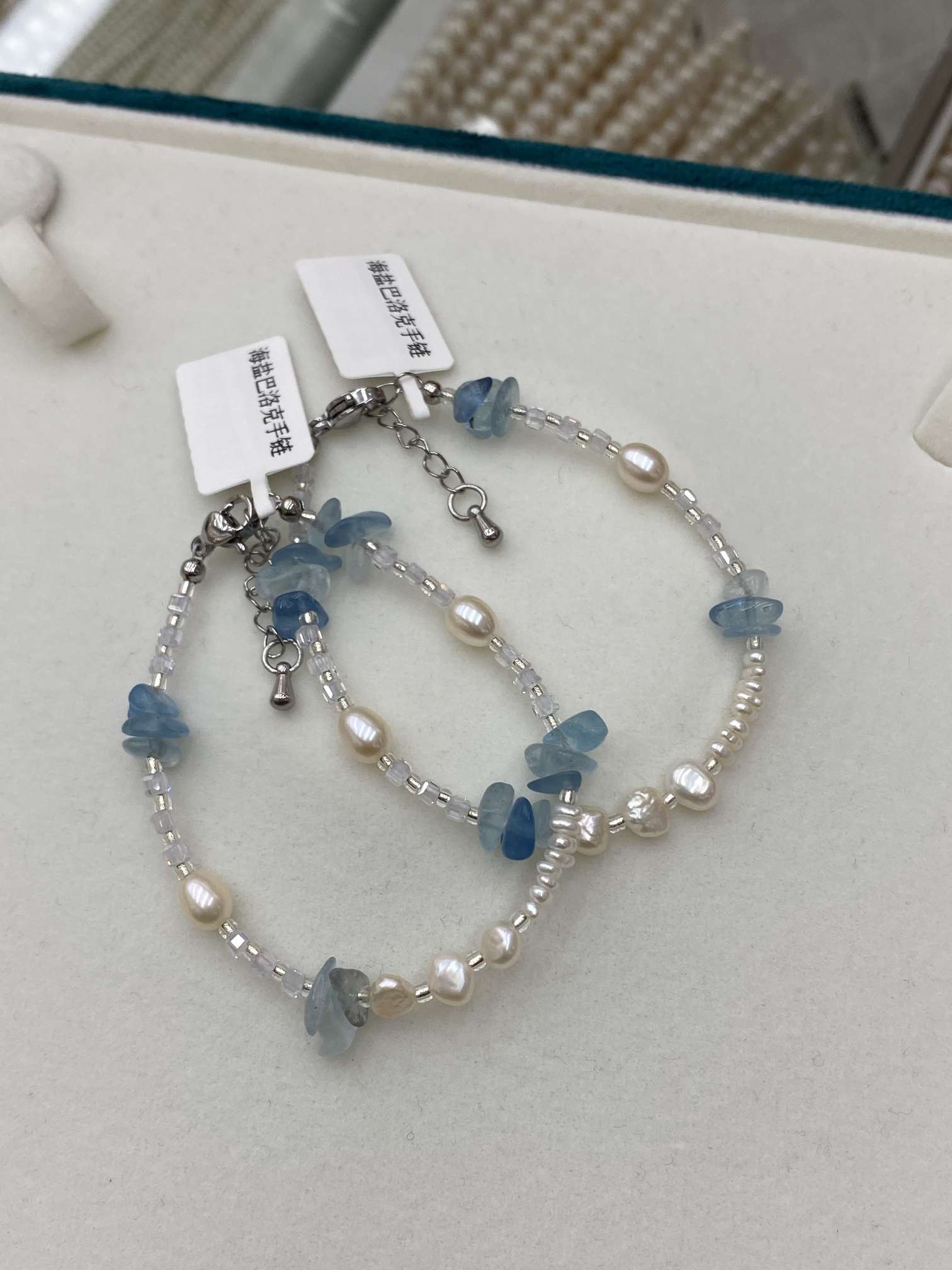 天然海蓝宝珍珠手链 夏款清凉海边小众不撞款设计白底实物图
