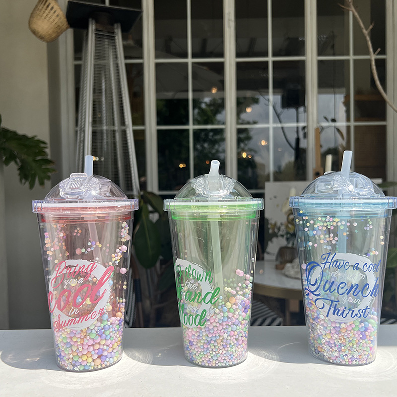 Z37-8046 Colorful Simple Sequin Double-layer transparent Plastic Cup, Advertising event Gift cup, lid-pushing straw cup, Summer detail image 1