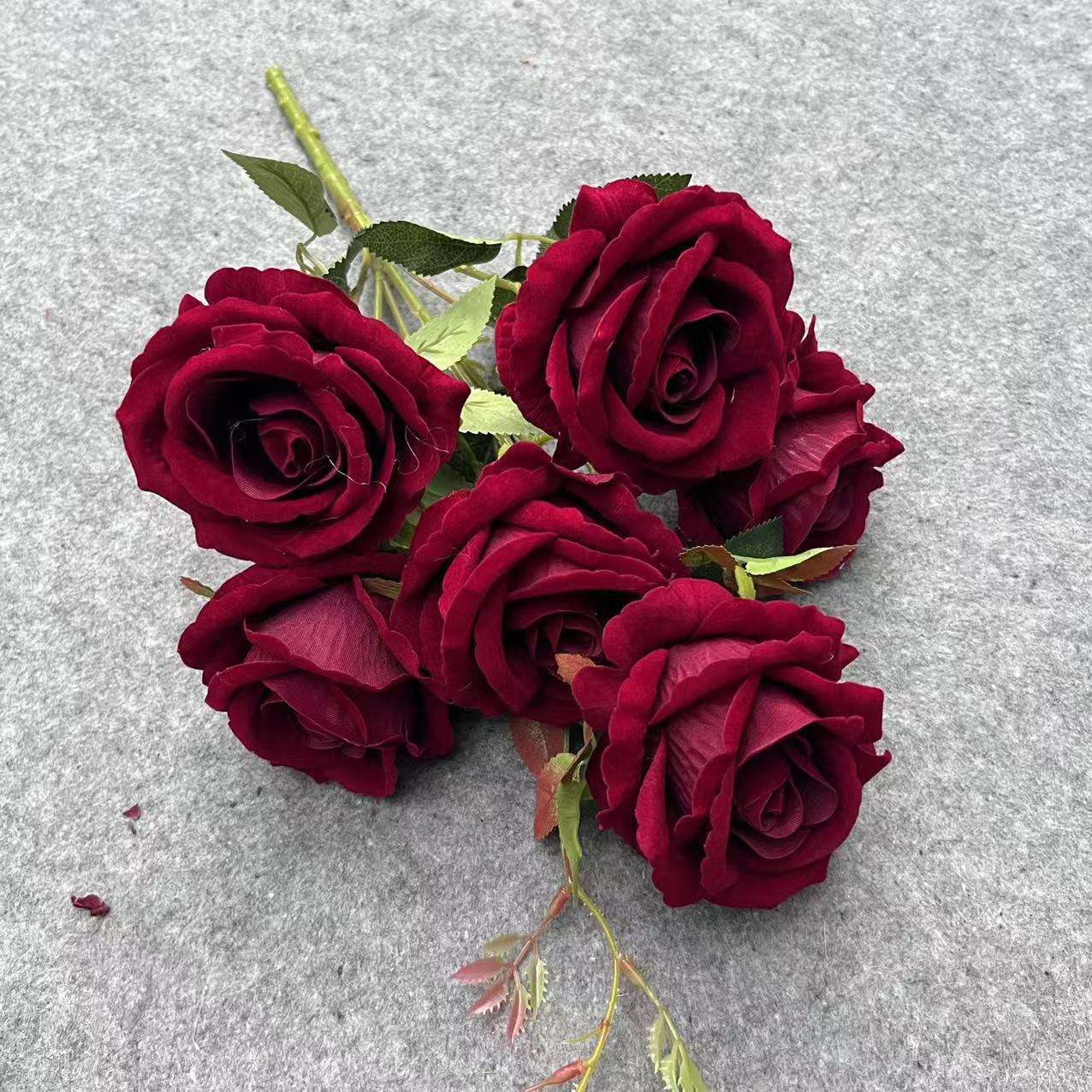 仿真花仿真玫瑰6头把束绒布玫瑰仿真花制作婚礼家居装饰批发花材 详情图3