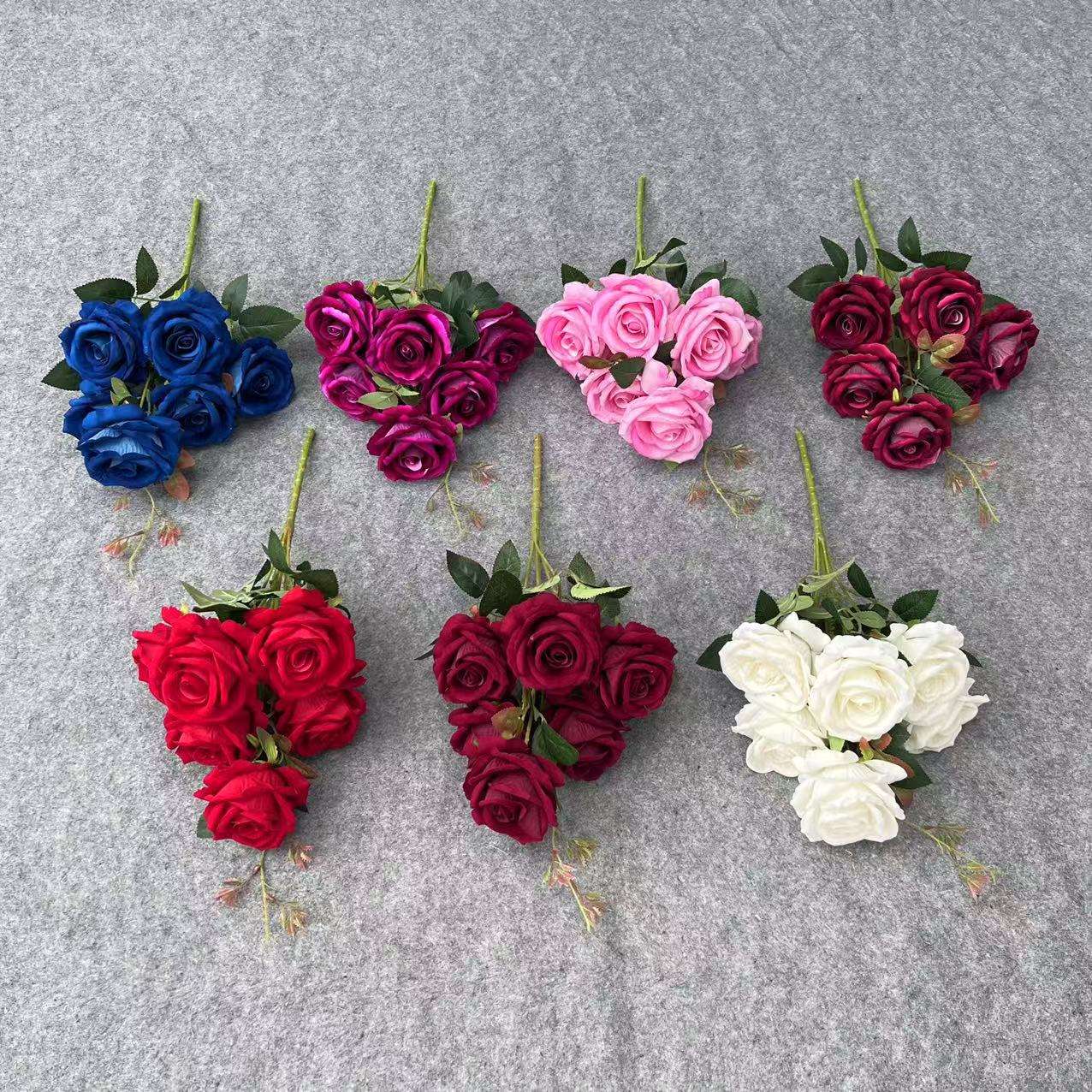 仿真花仿真玫瑰6头把束绒布玫瑰仿真花制作婚礼家居装饰批发花材 