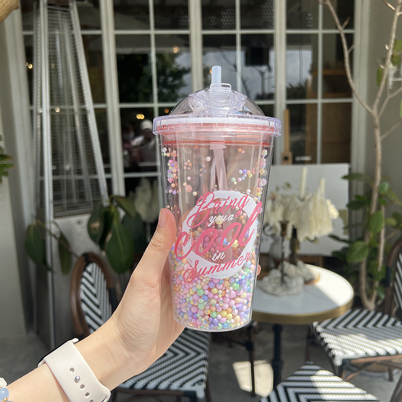 Z37-8046 Colorful Simple Sequin Double-layer transparent Plastic Cup, Advertising event Gift cup, lid-pushing straw cup, Summer detail image 4