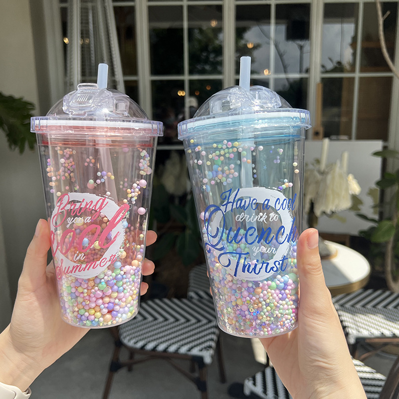 Z37-8046 Colorful Simple Sequin Double-layer transparent Plastic Cup, Advertising event Gift cup, lid-pushing straw cup, Summer detail image 5