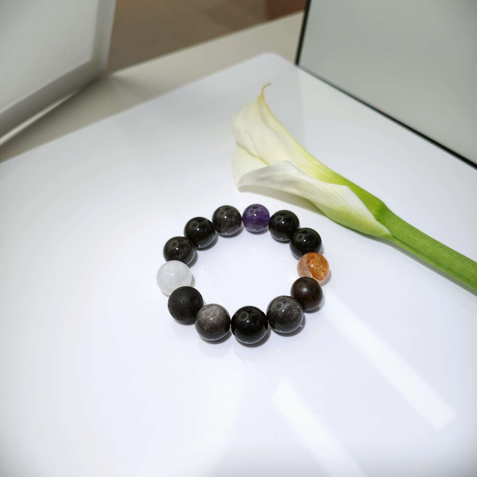 紫极光红胶花白幽灵银曜石陨石16mm水晶手串