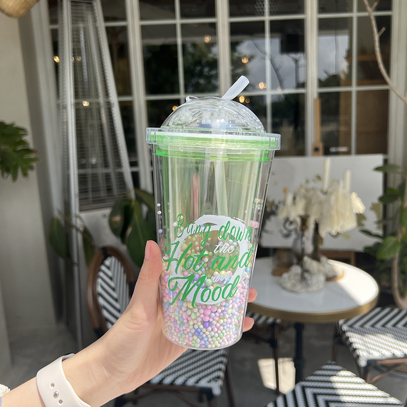 Z37-8046 Colorful Simple Sequin Double-layer transparent Plastic Cup, Advertising event Gift cup, lid-pushing straw cup, Summer detail image 2