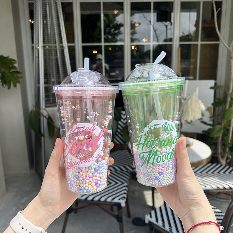 Z37-8046 Colorful Simple Sequin Double-layer transparent Plastic Cup, Advertising event Gift cup, lid-pushing straw cup, Summer Specification image