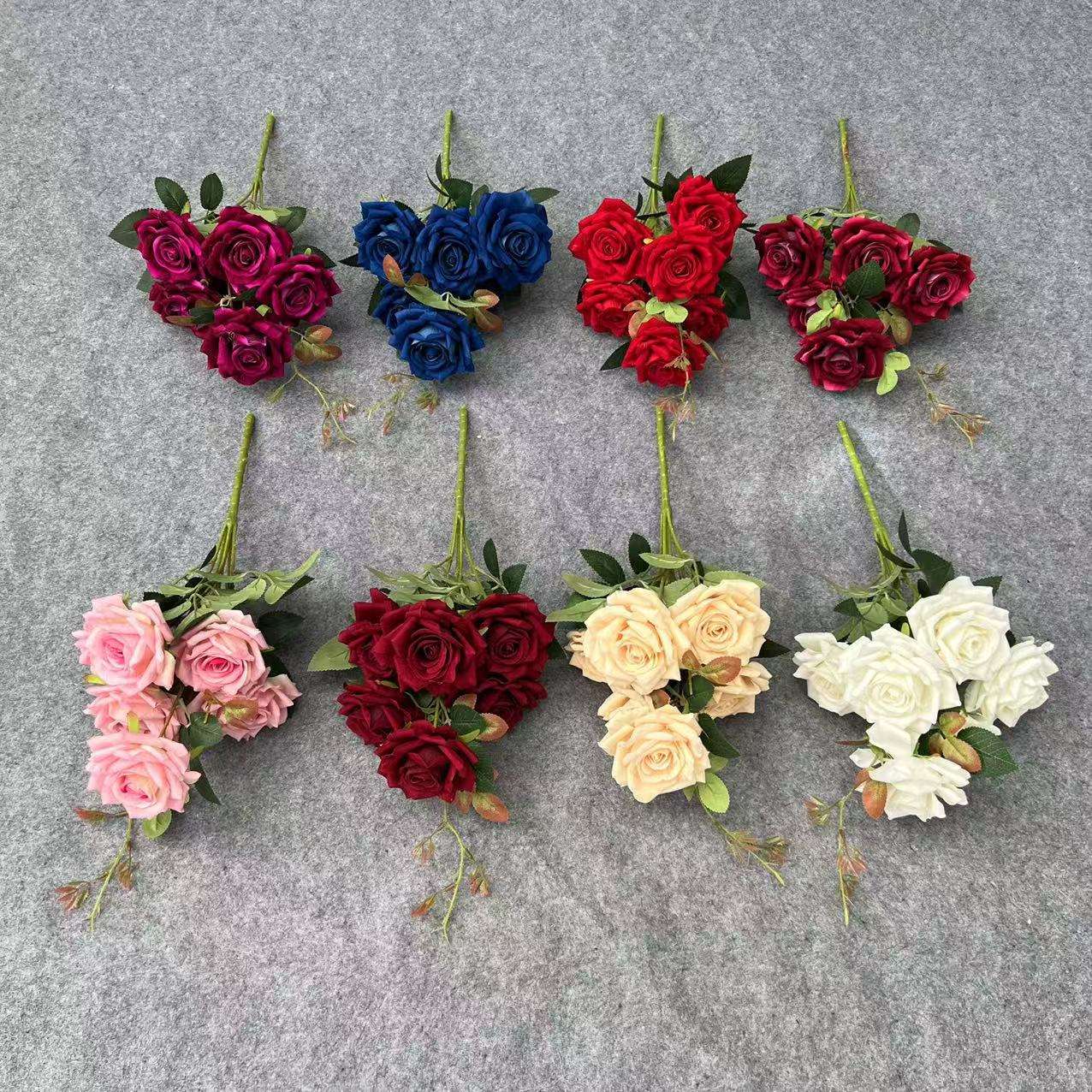 仿真花仿真玫瑰6头花束绒布玫瑰婚庆花墙家居装饰批发花材 