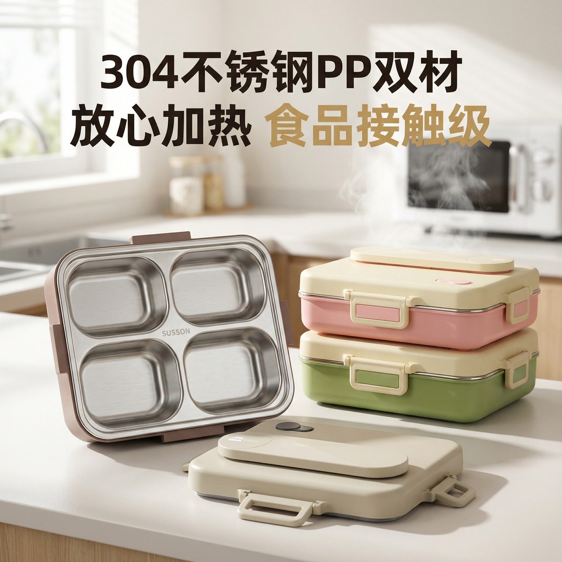 304 stainless steel PP double-material four-compartment lunch box, microwave-safe for heating, food-grade sealed to prevent cross-contamination of flavors, student and office worker lunch box Specification drawing