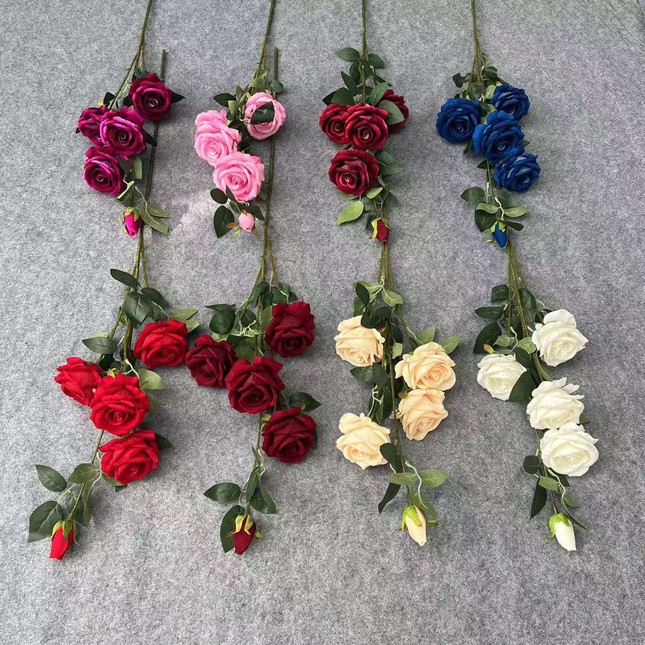 仿真玫瑰仿真花5头绒布圆玫瑰婚礼家居装饰仿真玫瑰花批发 