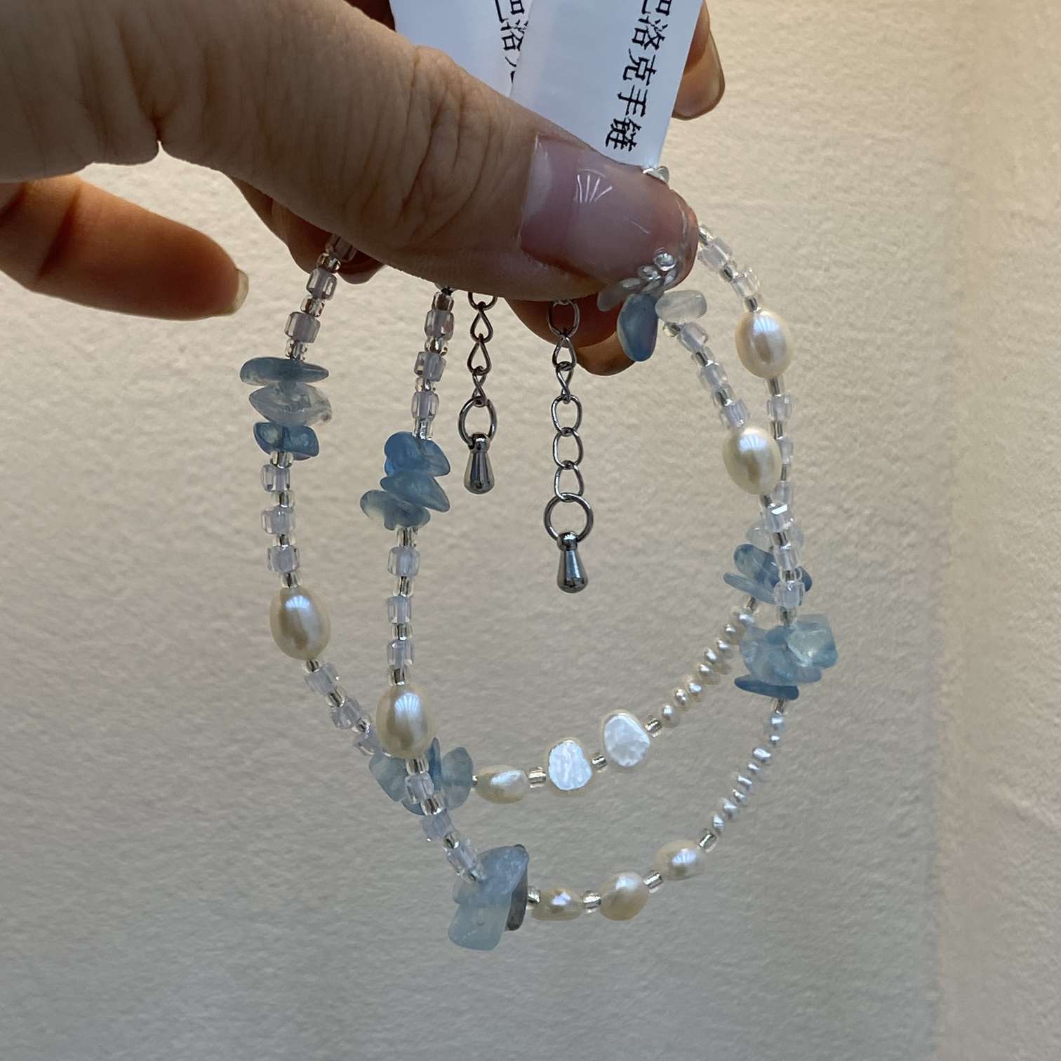 天然海蓝宝珍珠手链 夏款清凉海边小众不撞款设计