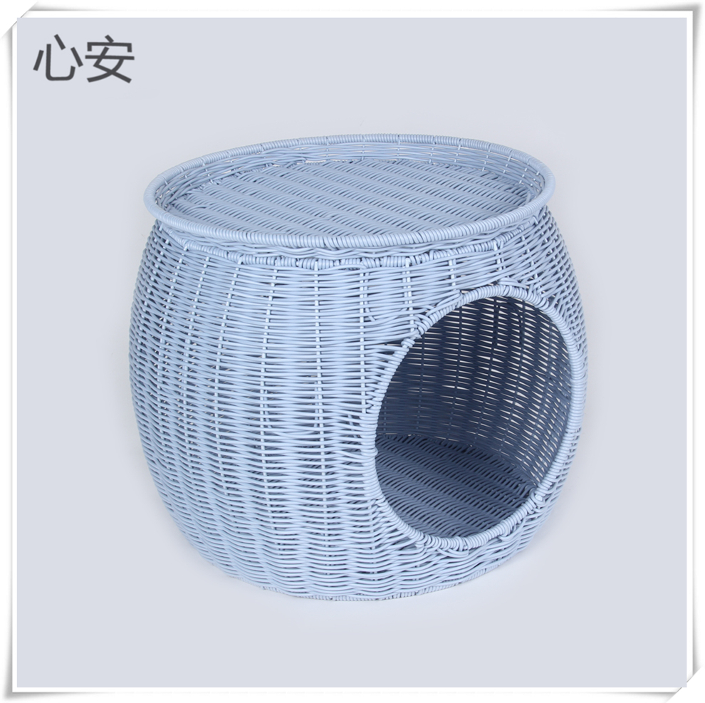The top cover of the light luxury sky blue imitation rattan dual-purpose pet bed can be used as a coffee table. The cat bed with a high appearance level is suitable for cats of various breeds details Picture
