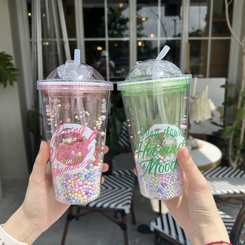 Z37-8046 Colorful Simple Sequin Double-layer transparent Plastic Cup, Advertising event Gift cup, lid-pushing straw cup, Summer detail image 6