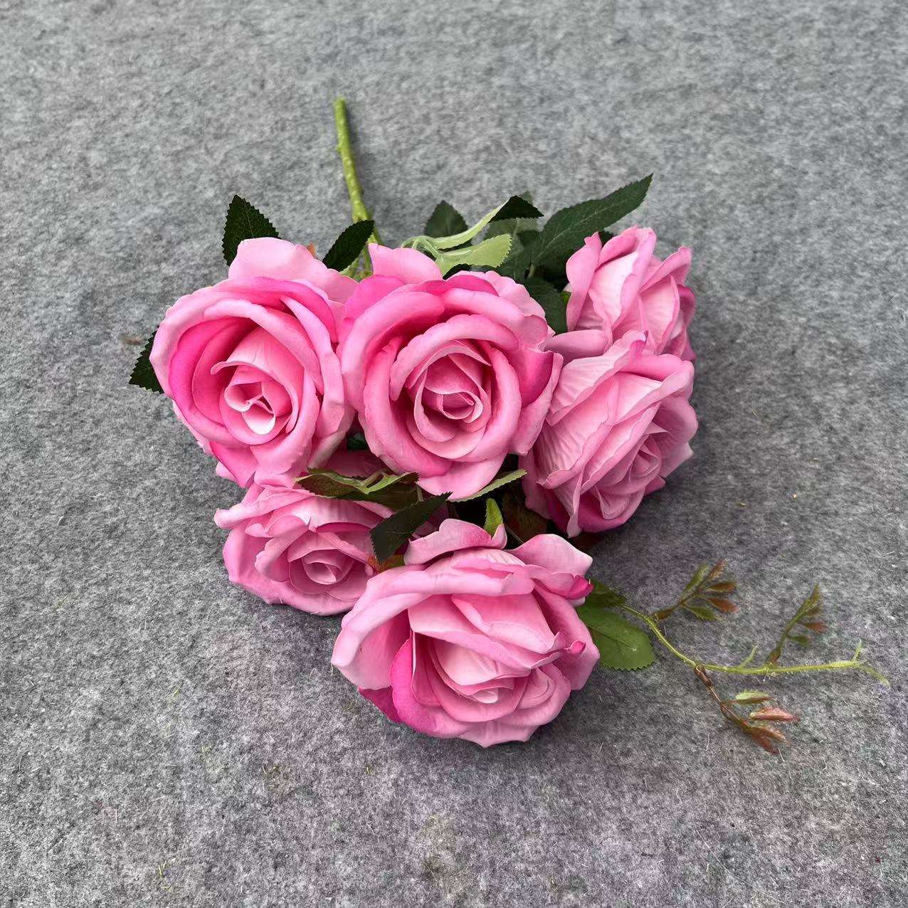 仿真花仿真玫瑰6头把束绒布玫瑰仿真花制作婚礼家居装饰批发花材 白底实物图