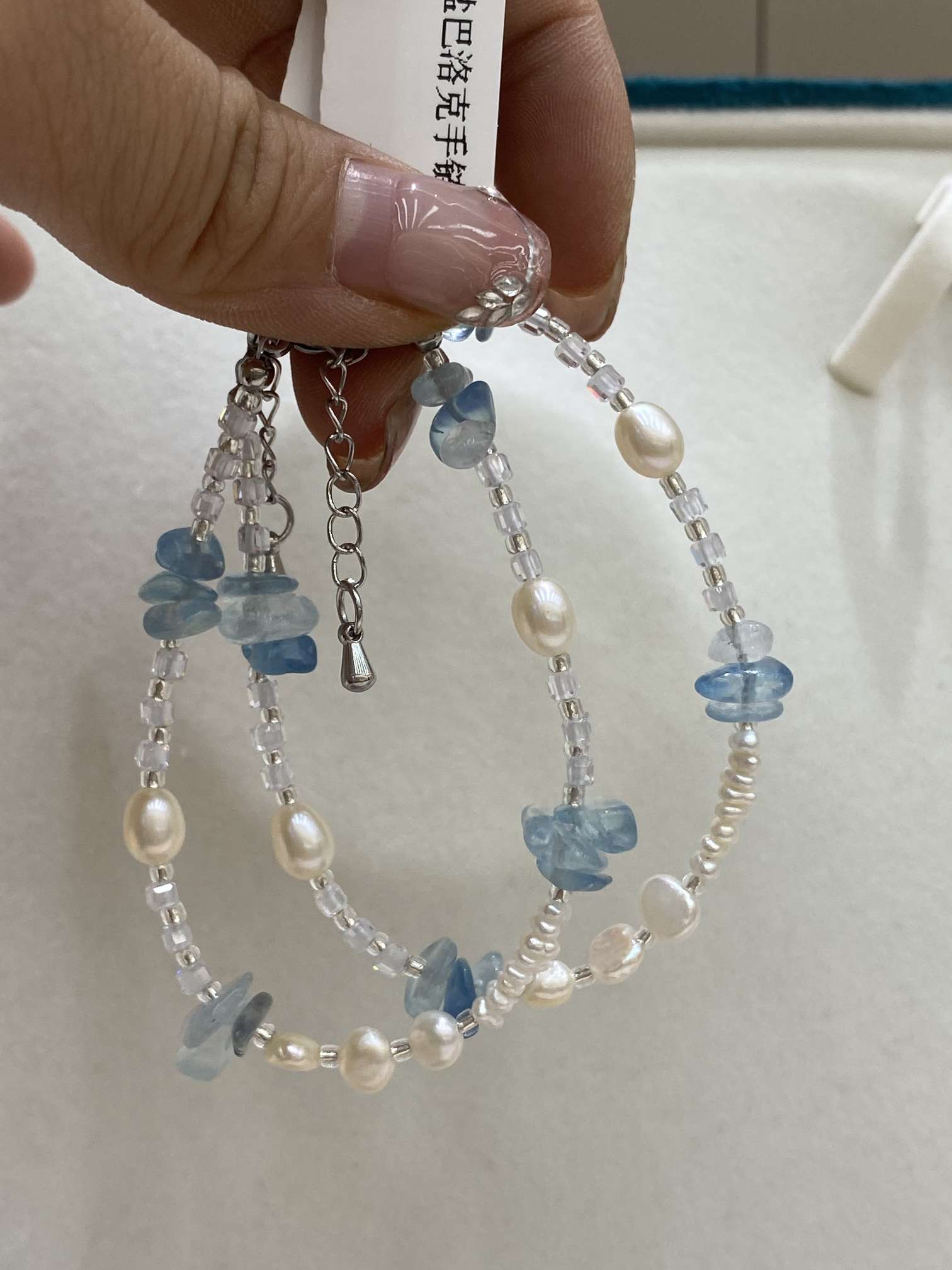 天然海蓝宝珍珠手链 夏款清凉海边小众不撞款设计细节图