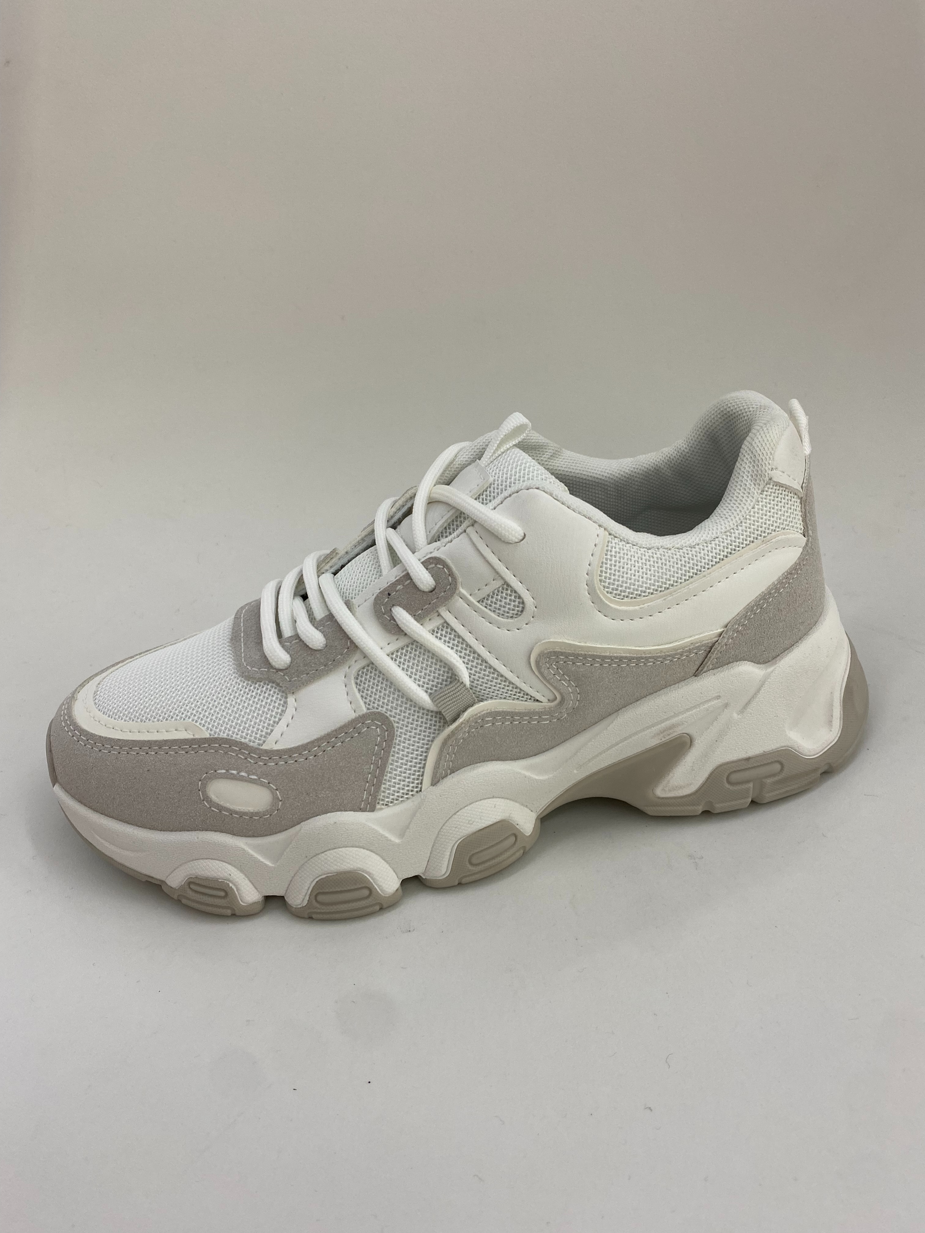 White and grey thick-soled sports shoes for summer casual wear full figure