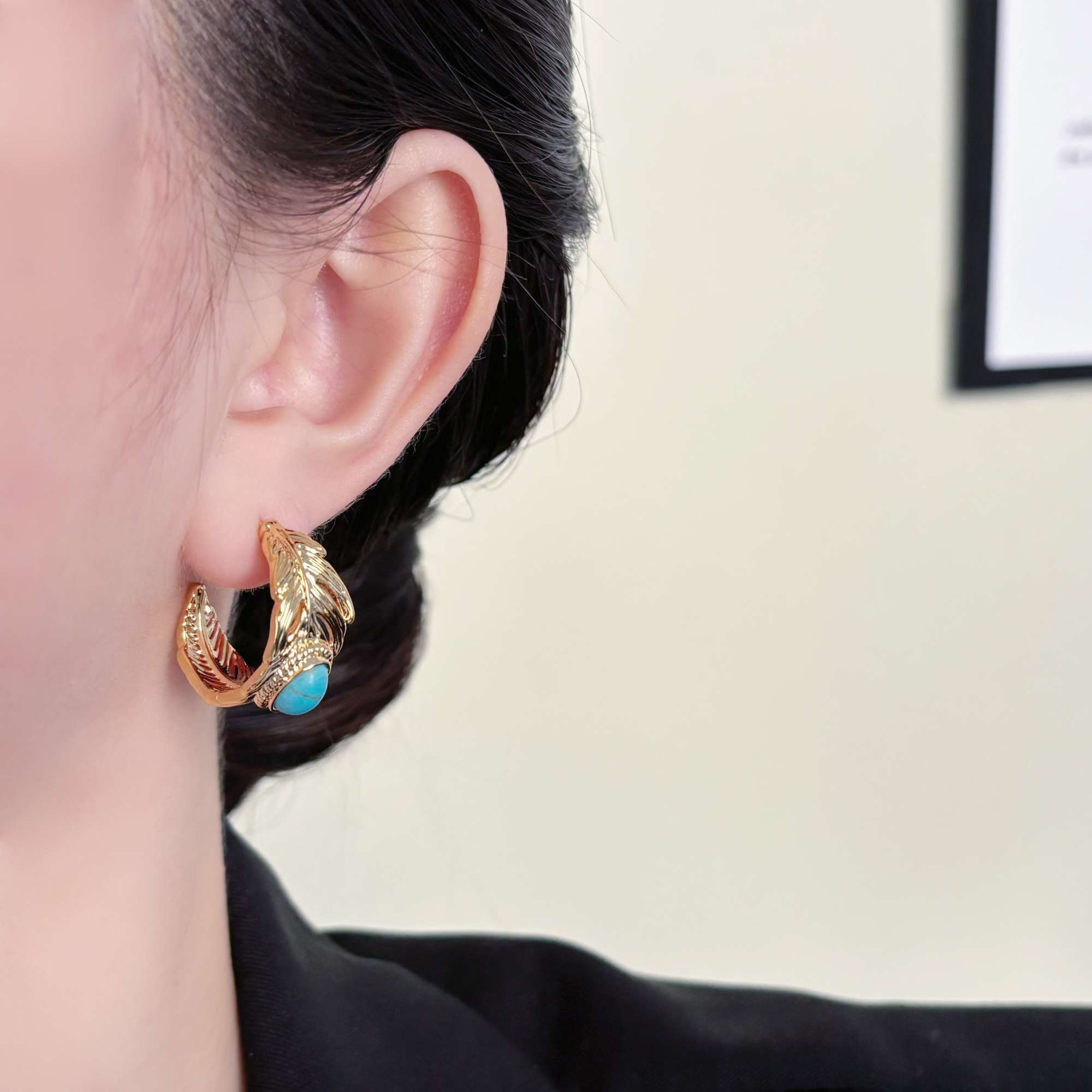 法式复古羽毛绿松石耳环高级感个性精致耳饰