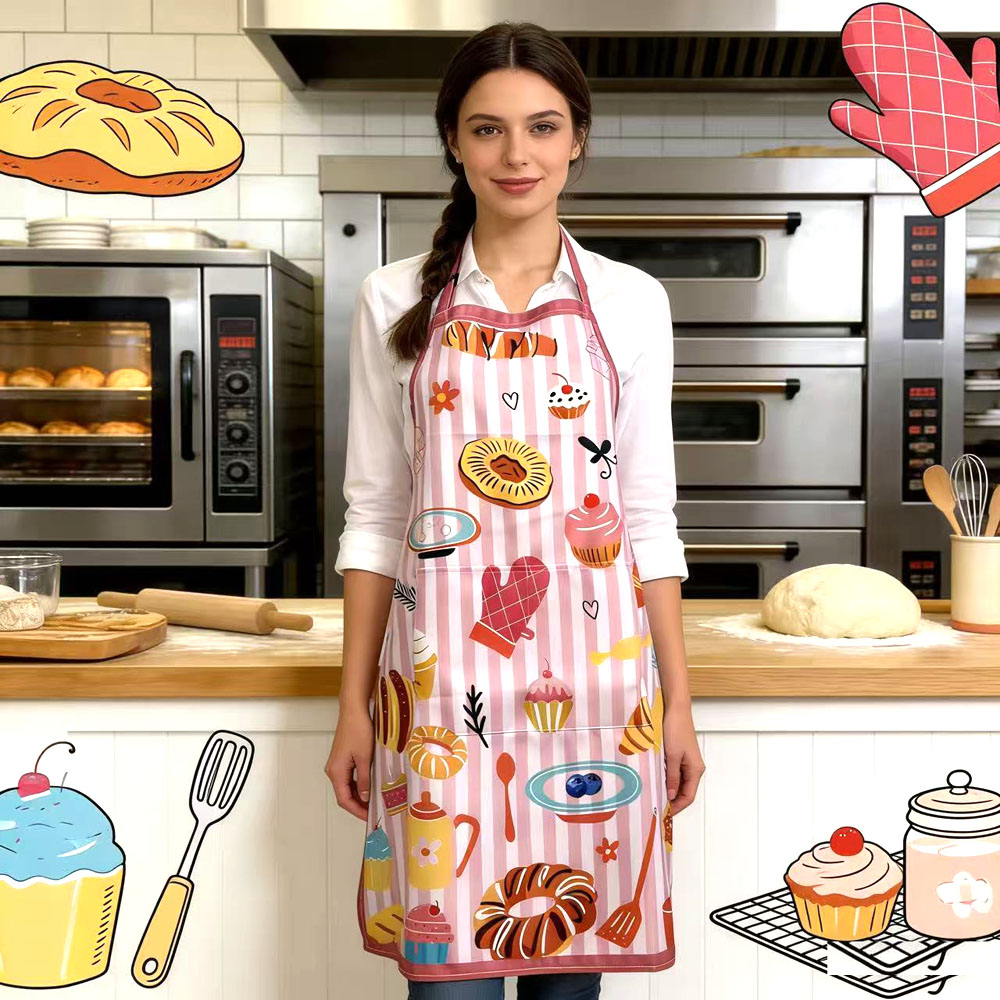 新款印花围裙可调节挂脖防水围裙时尚彩色烘焙围裙女
