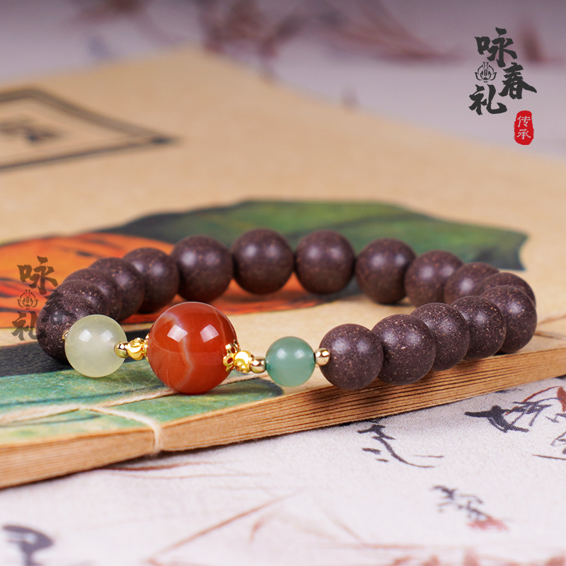 黑红玫瑰花香系列--10mm光面香珠+铜+红玛瑙单圈手串