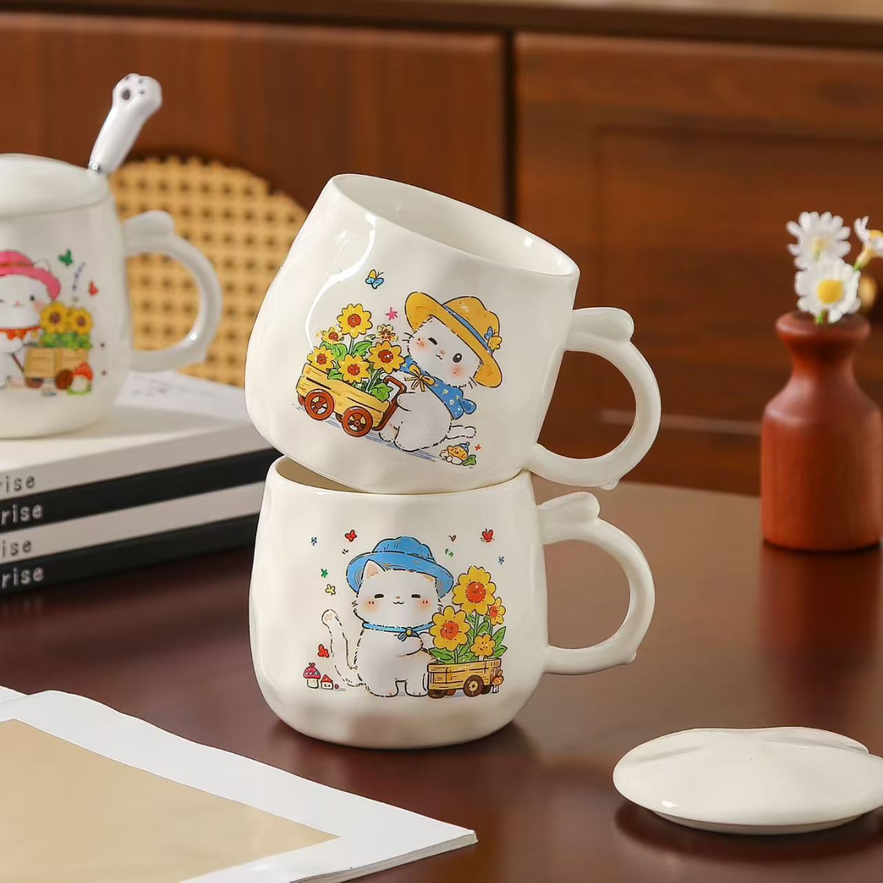 Sunflower Cat Star Cup Christmas Nordic Ceramic Cup, Ceramic Cup, Ceramic Cup, Ceramic Christmas Nordic Ceramic Cup, New Ceramic Mug, Ceramic Lid Cup, Ceramic spoon Cup details Picture