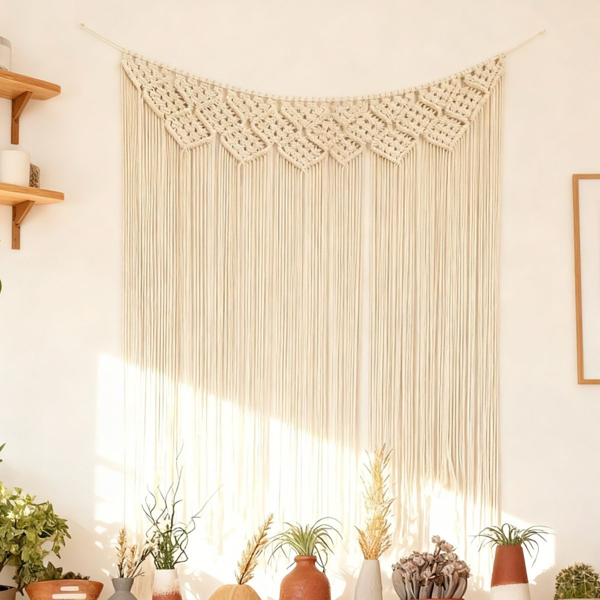 This Nordic Bohemian hand-woven tapestry features exquisite geometric patterns crafted from natural cotton threads. The flowing tassels are lively and elegant, making it suitable for bedroom headboards, living rooms, and soft furnishings in homestays Specification image