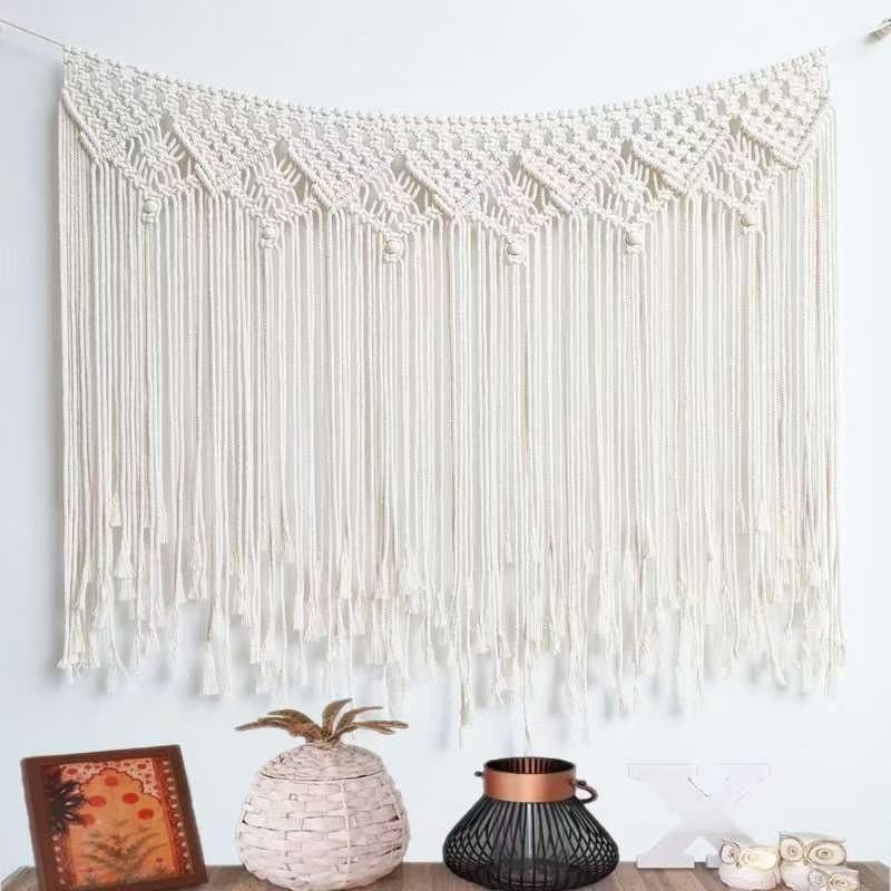 This Nordic Bohemian hand-woven tapestry features exquisite geometric patterns crafted from natural cotton threads. The flowing tassels are lively and elegant, making it suitable for bedroom headboards, living rooms, and soft furnishings in homestays pic 4