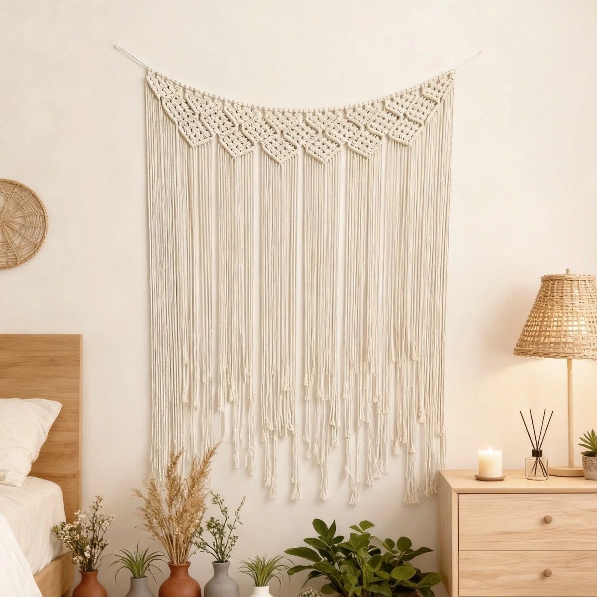 This Nordic Bohemian hand-woven tapestry features exquisite geometric patterns crafted from natural cotton threads. The flowing tassels are lively and elegant, making it suitable for bedroom headboards, living rooms, and soft furnishings in homestays details Picture