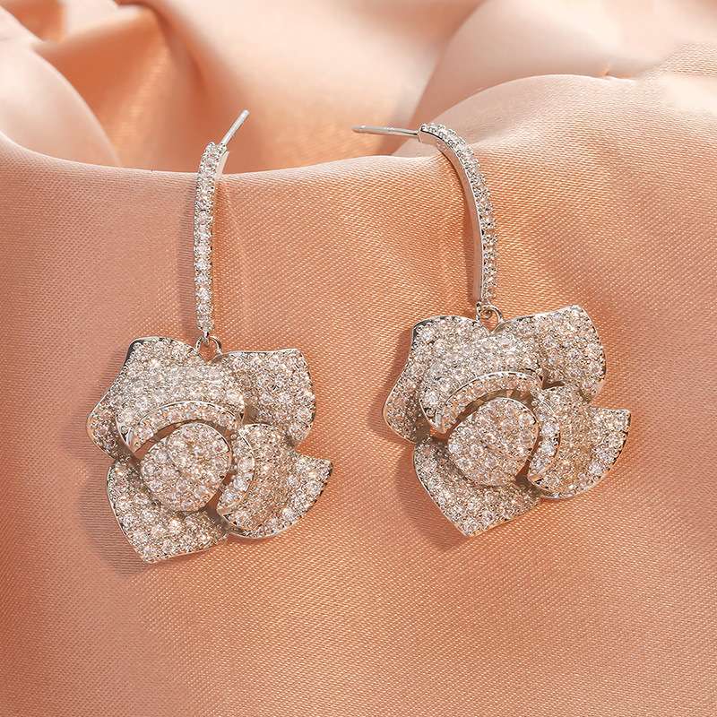 Long earrings, rose zircon earrings, camellia stud earrings, light luxury accessories, retro style, factory wholesale detail image 3