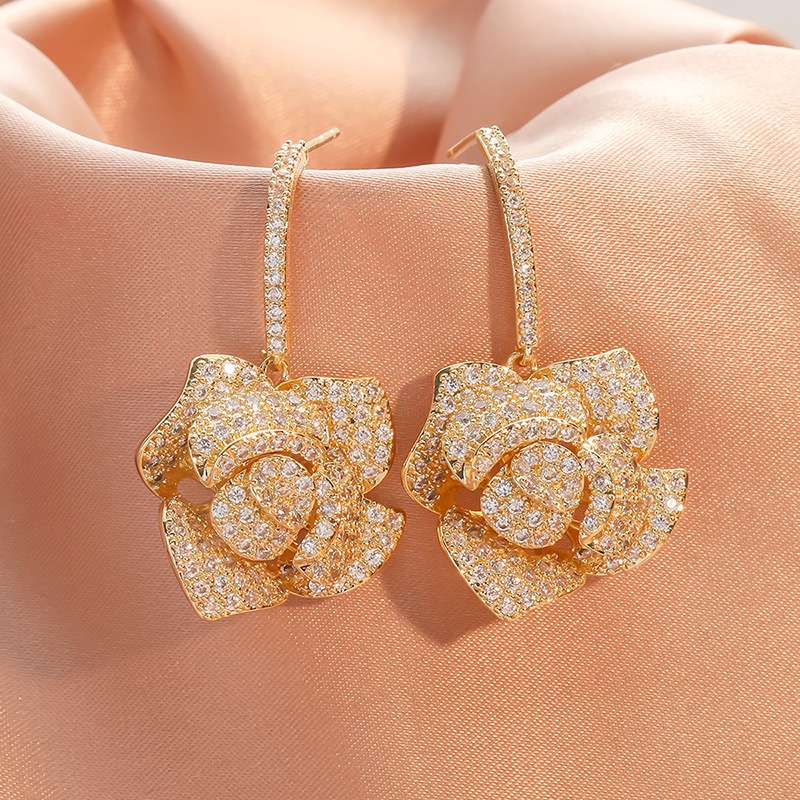 Long earrings, rose zircon earrings, camellia stud earrings, light luxury accessories, retro style, factory wholesale