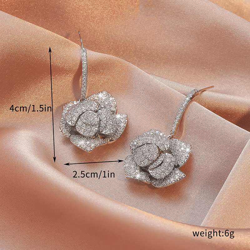 Long earrings, rose zircon earrings, camellia stud earrings, light luxury accessories, retro style, factory wholesale Application Scenario