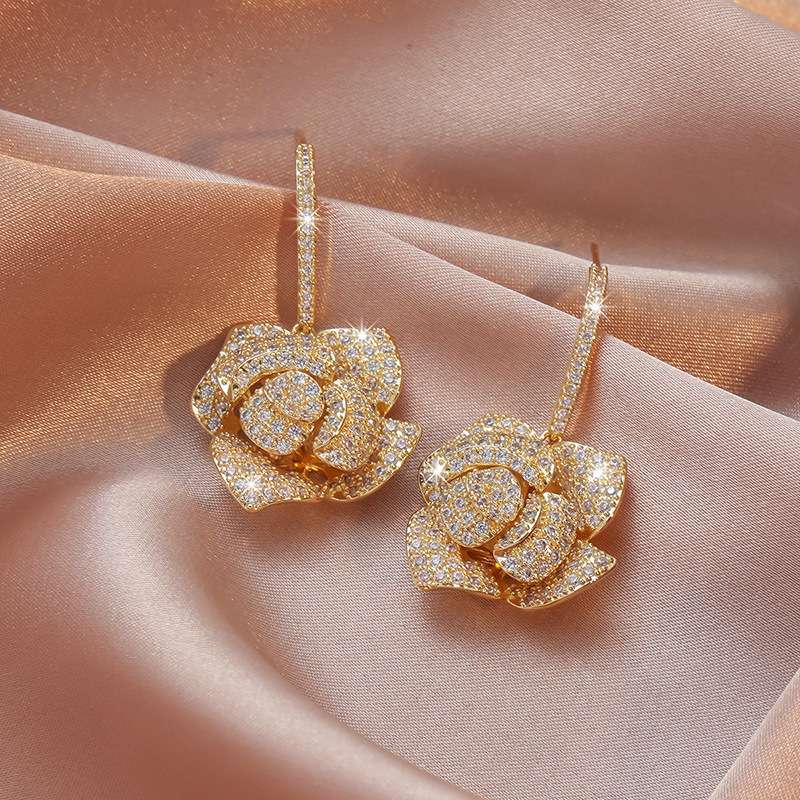 Long earrings, rose zircon earrings, camellia stud earrings, light luxury accessories, retro style, factory wholesale detail image 2