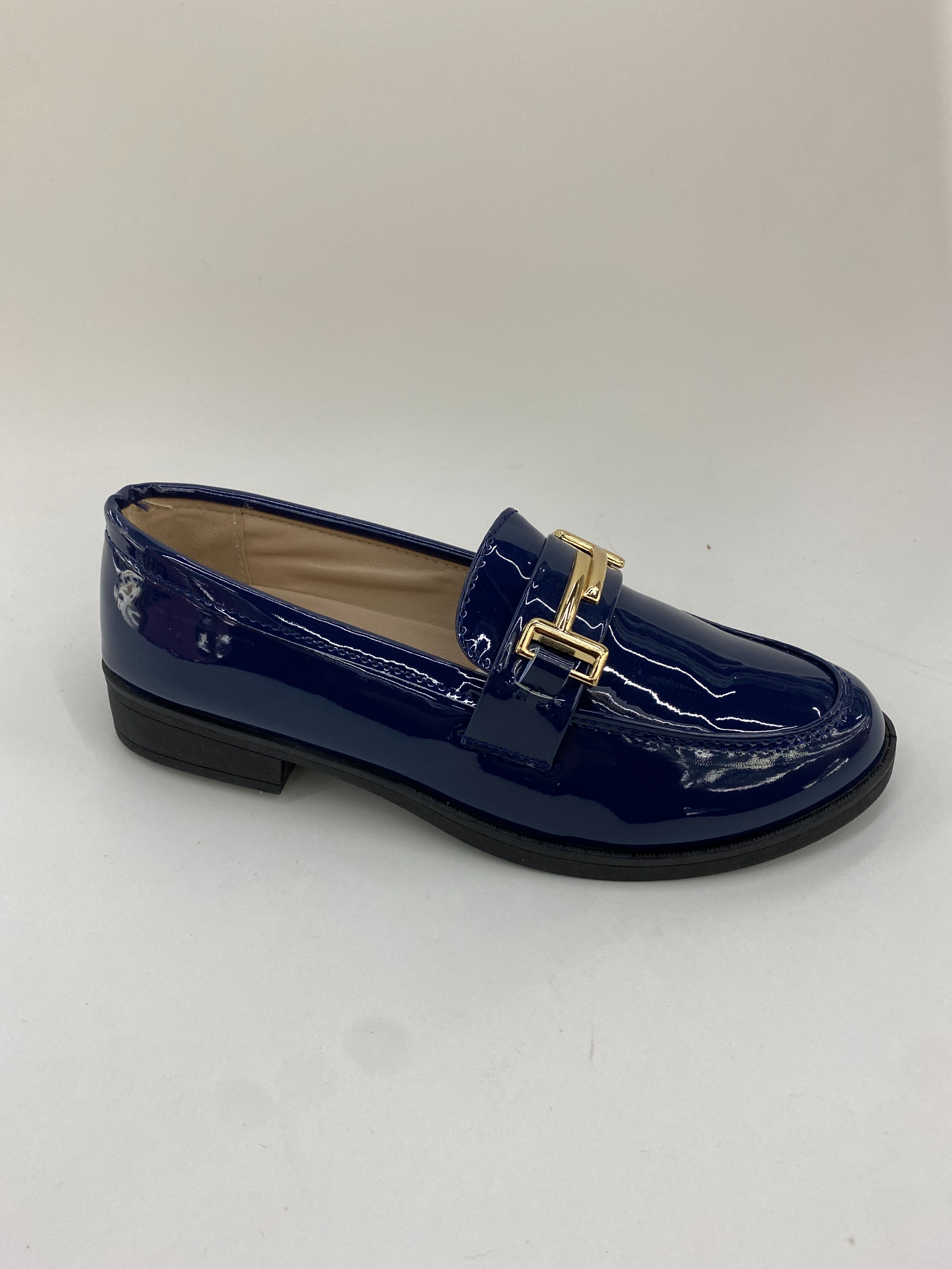 Dark blue patent leather loafers, women's shoes, casual shopping and work shoes full figure