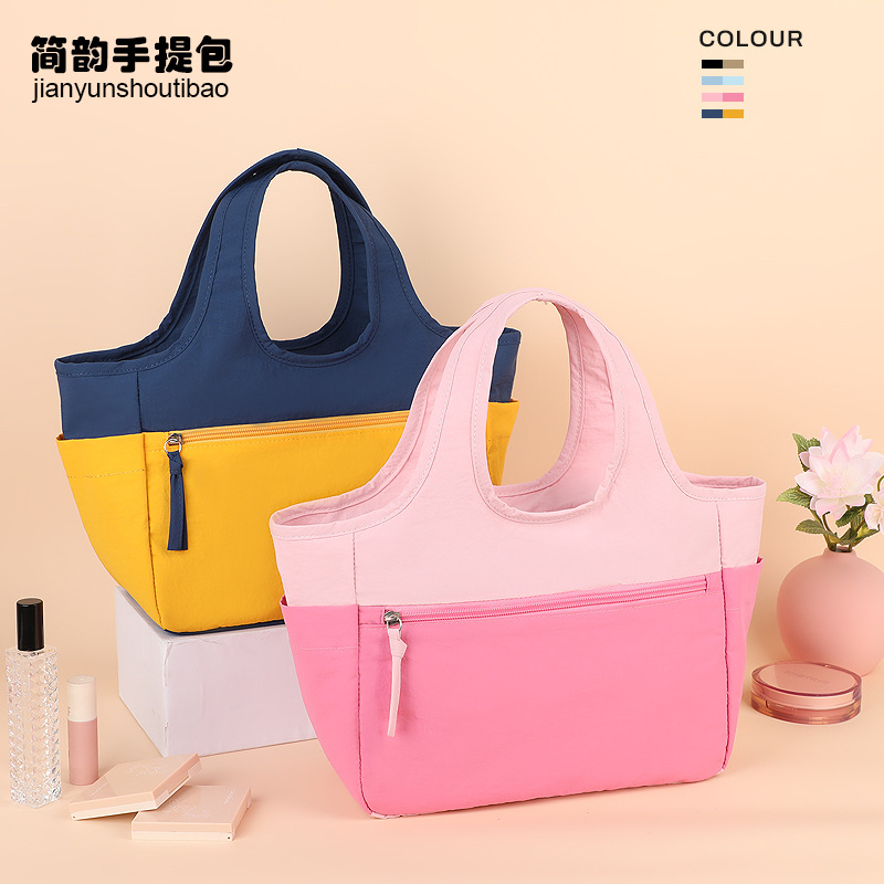 New color-blocked handbags, fashionable tote bags, large-capacity small bags for going out, storage bags, hand-carry bags, student travel details Picture
