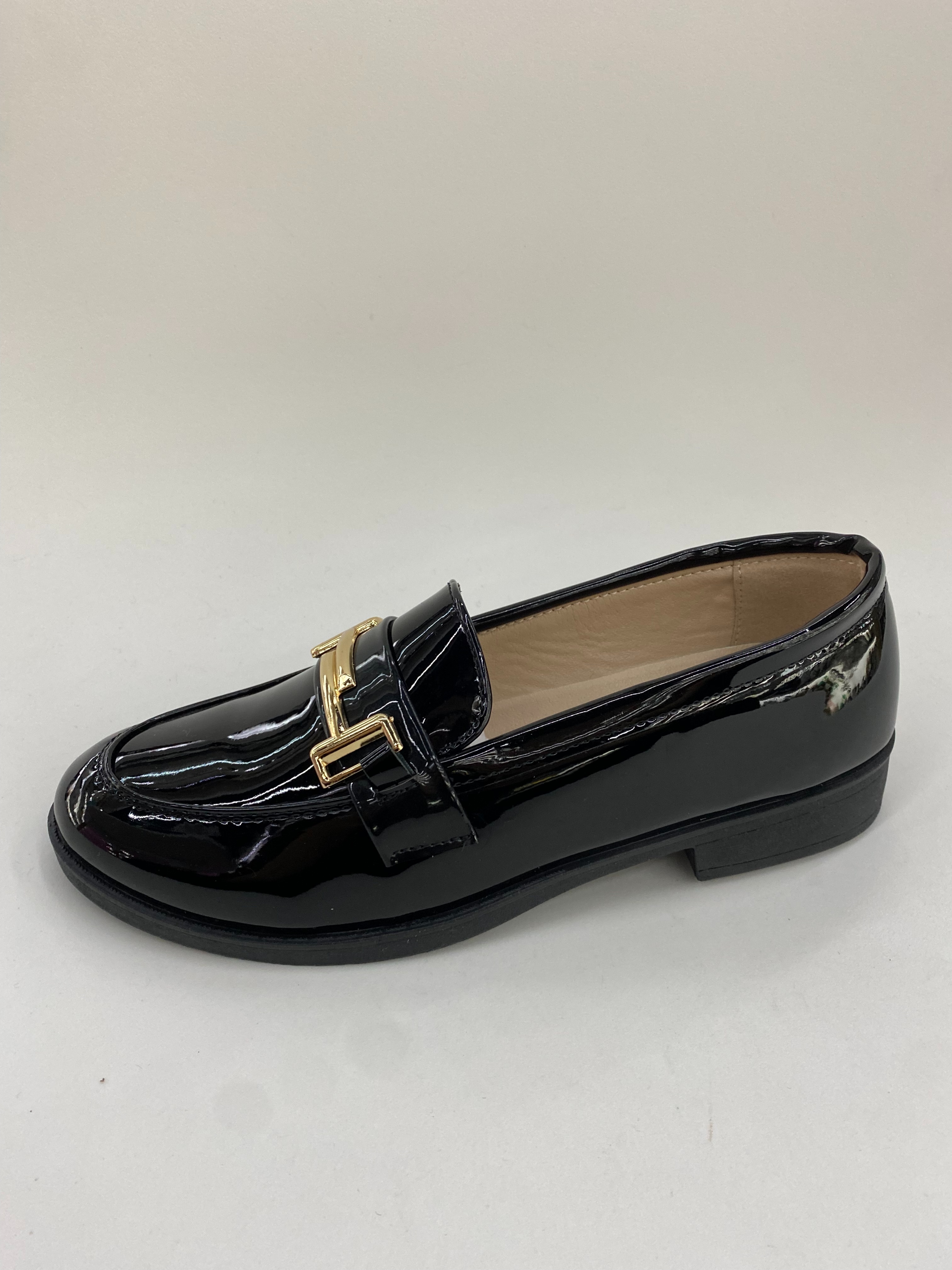 Black patent leather loafers, women's shoes, casual shopping and work shoes full figure