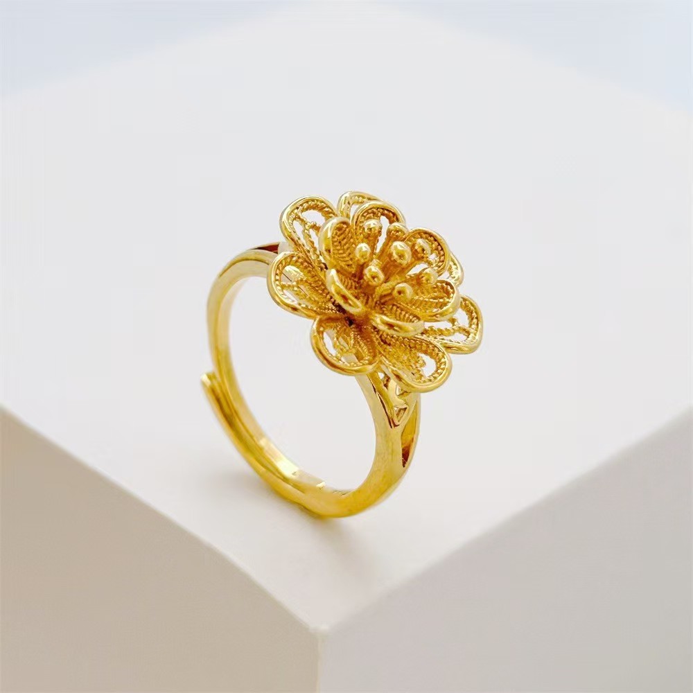 Live-streaming supply ring: Golden prosperity and blooming flower hollowed-out ring, fashionable and elegant wedding ring with adjustable opening, gift Specification image
