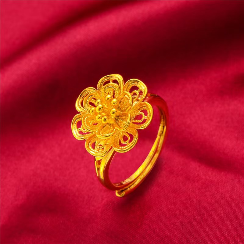 Live-streaming supply ring: Golden prosperity and blooming flower hollowed-out ring, fashionable and elegant wedding ring with adjustable opening, gift details Picture