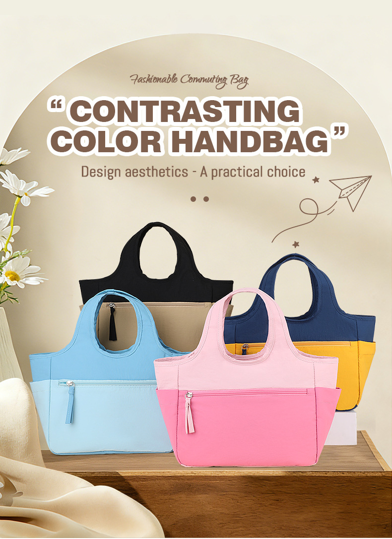New color-blocked handbags, fashionable tote bags, large-capacity small bags for going out, storage bags, hand-carry bags, student travel detail image 20