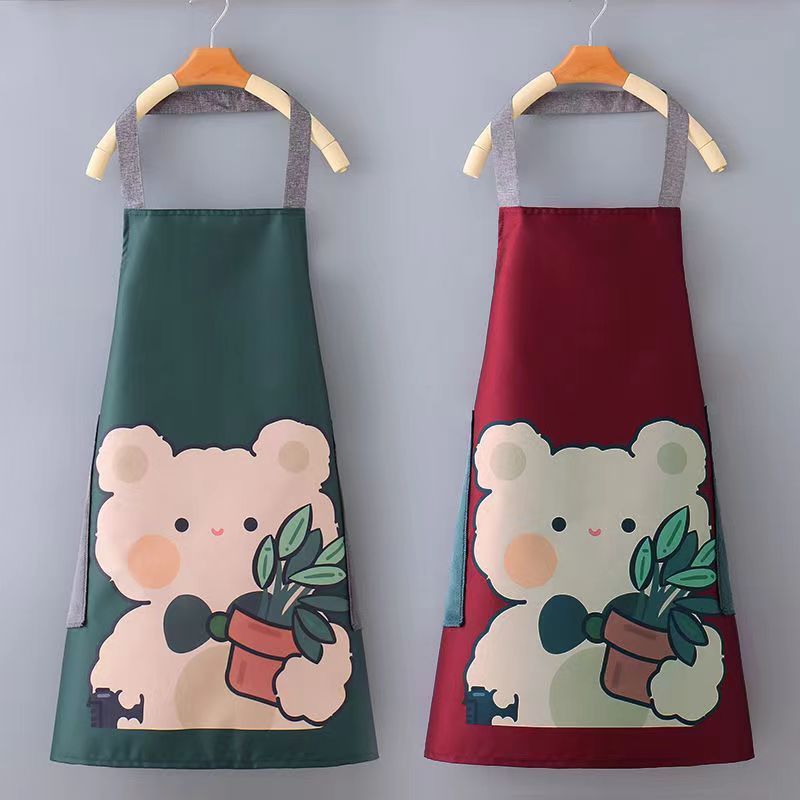 A fresh and fashionable cartoon bear apron for home kitchen, waterproof and oil-proof, cute for cooking, can be used to wipe hands, and worn around the neck and waist pic 8