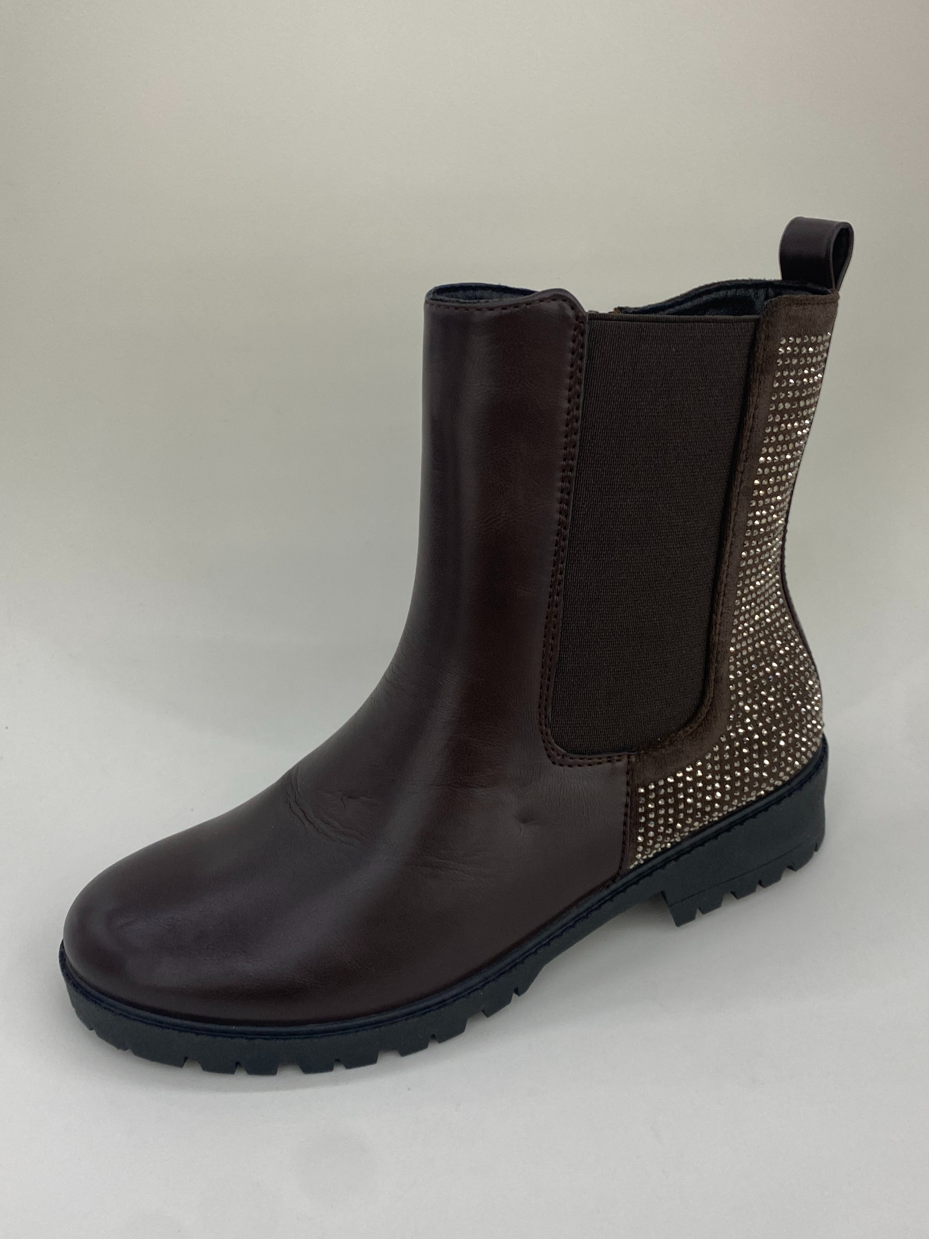 Dark brown Chelsea boots, shiny rivet women's leather shoes, summer casual women's boots full figure