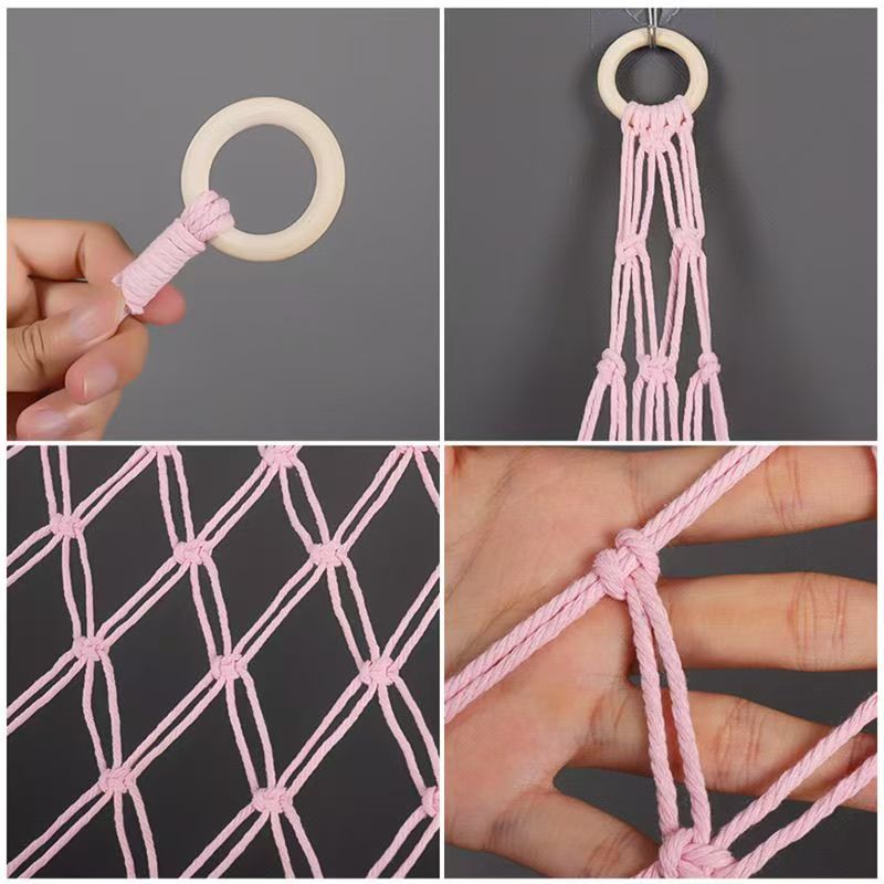 Hand-woven pink doll net bag with wooden beads, Nordic-style cotton rope decorative storage bag, children's room plush doll storage, wall decoration, home soft decoration, practical and beautiful good item Application Scenario