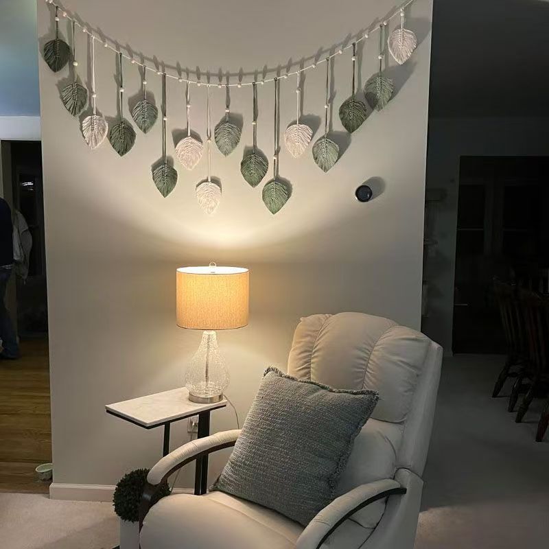 Nordic-style leaf tapestries hand-woven for wall decoration in the bedroom of a homestay, with a fresh and rural style details Picture