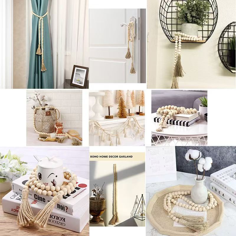 Ins-style natural wood color hemp rope, wood beads, tassel strings, home decoration pendants, hand-woven Bohemian-style wall hangers, living room, bedroom, homestay soft furnishings, atmosphere, photo props Specification image