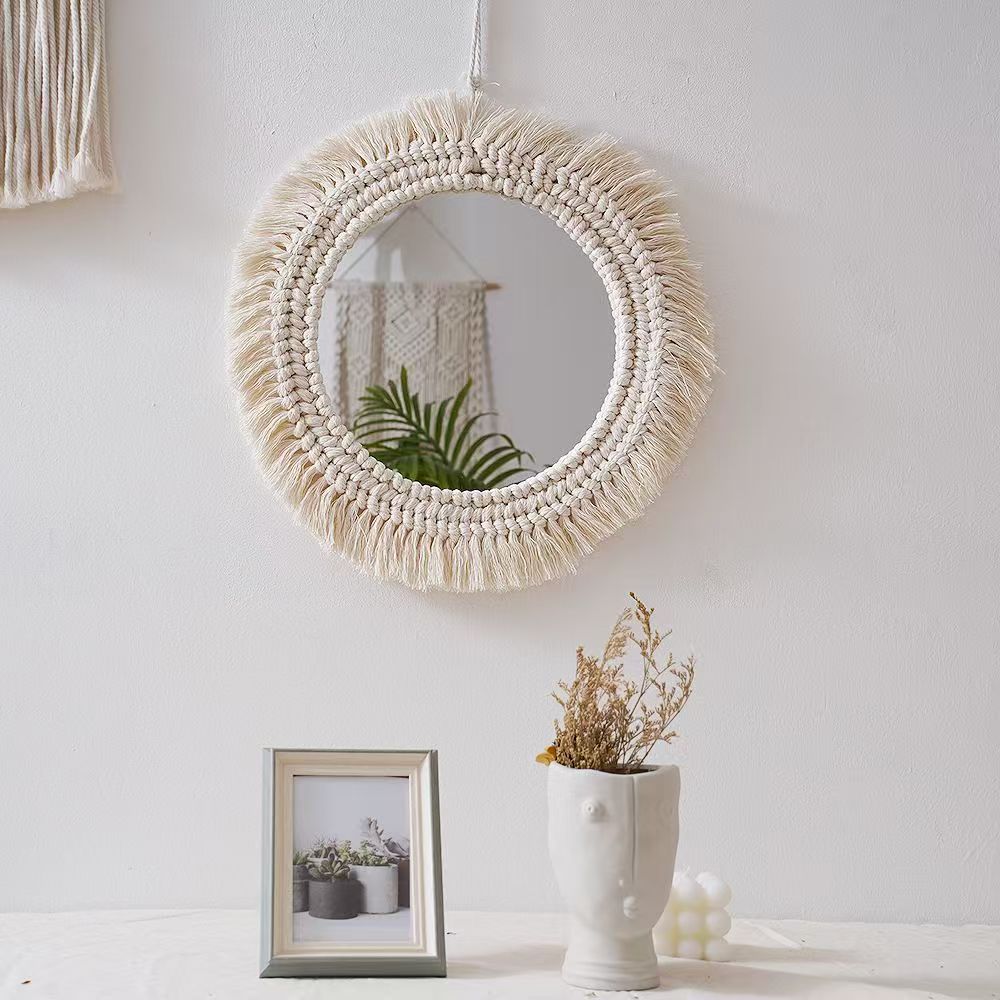 Nordic-style hand-woven tapestries, makeup mirrors, homestay entrance, bedside, wall decoration mirrors, creative cotton rope wall hanging mirrors, hotel bedroom soft furnishings, atmosphere ornaments, simple and light luxury home decorations Specification image
