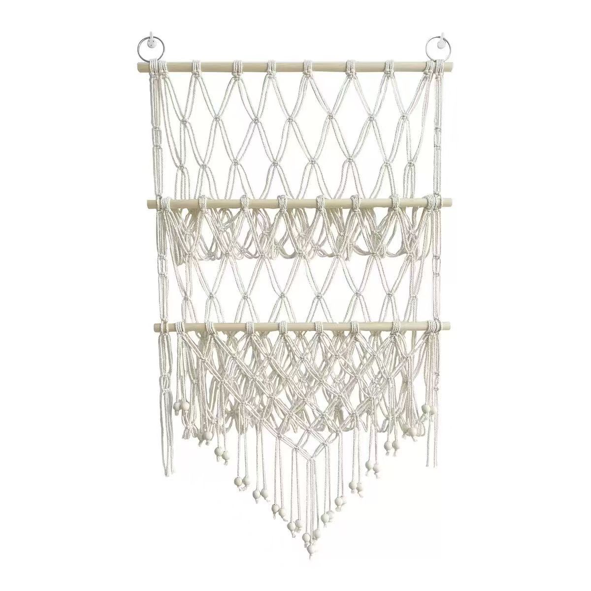 Nordic woven three-layer wooden stick toy storage, net bag shelf, Bohemian-style wall decoration tapestry, children's room, plush toy storage, practical and beautiful two-in-one home soft decoration Item Picture