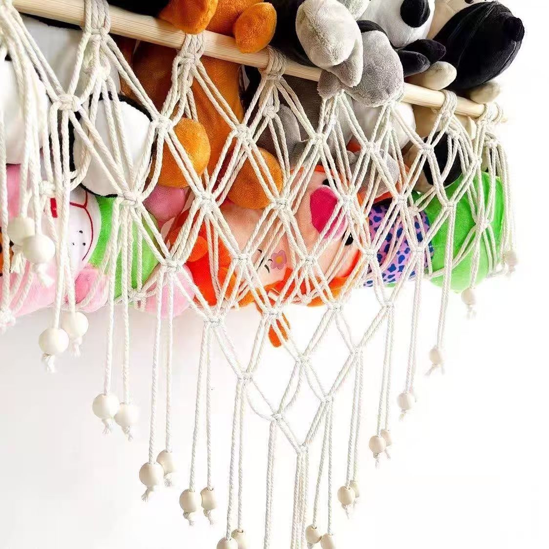Nordic woven three-layer wooden stick toy storage, net bag shelf, Bohemian-style wall decoration tapestry, children's room, plush toy storage, practical and beautiful two-in-one home soft decoration Specification image