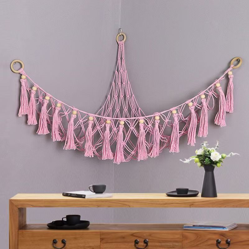 Hand-woven pink doll net bag with wooden beads, Nordic-style cotton rope decorative storage bag, children's room plush doll storage, wall decoration, home soft decoration, practical and beautiful good item details Picture